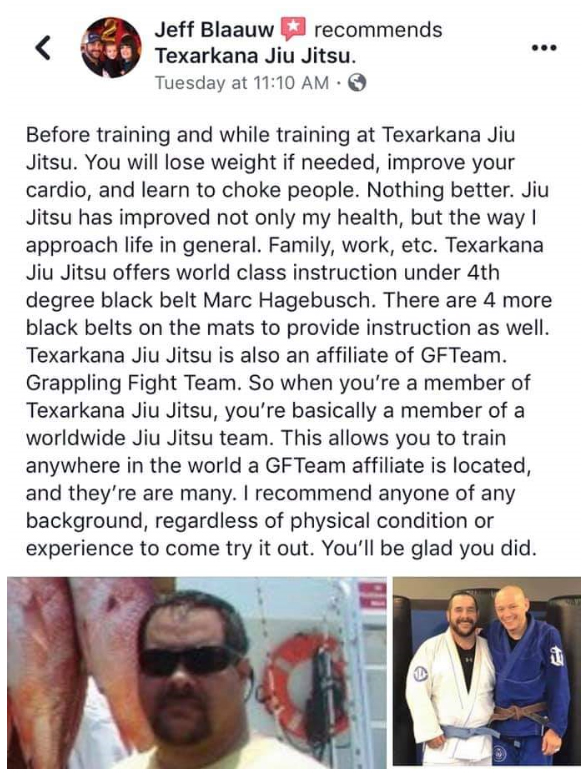 Jeff Blaaw raves about training BJJ at Texarkana Jiu Jitsu under 4th degree BJJ black belt Marc Hagebusch
